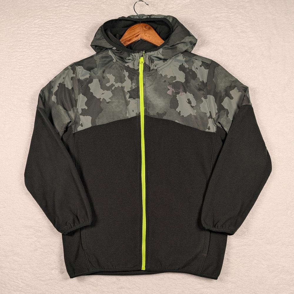 Under Armour Jacket Boys XL Green Camo ColdGear Hooded Full Zip Fleece Outerwear - Picture 2 of 13